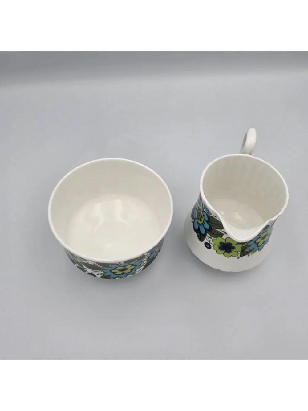Mayfair Fine Bone China Creamer Sugar Bowl Set Groovy Floral Pattern Blue Green